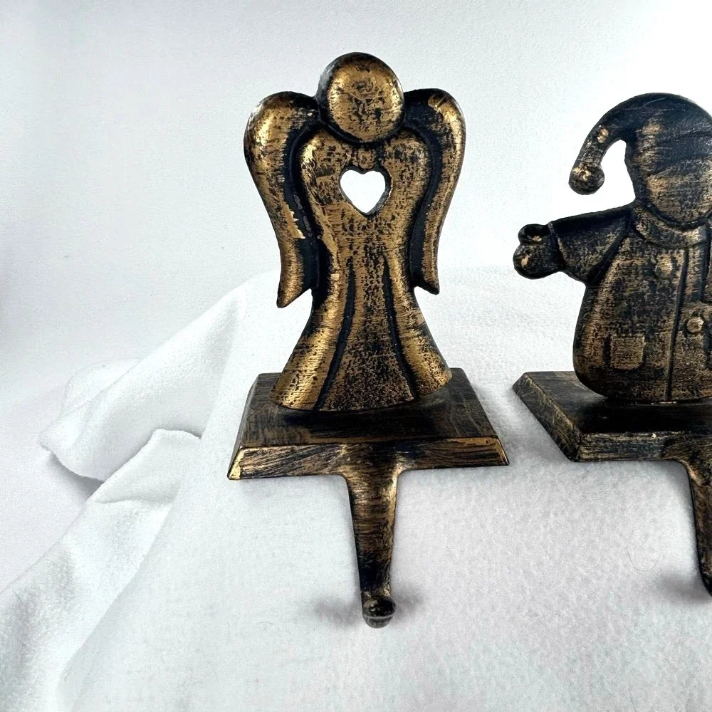 Metal Stocking Hangers LOT of 4 Angel Santa Bronze Brass Christmas Décor Holiday